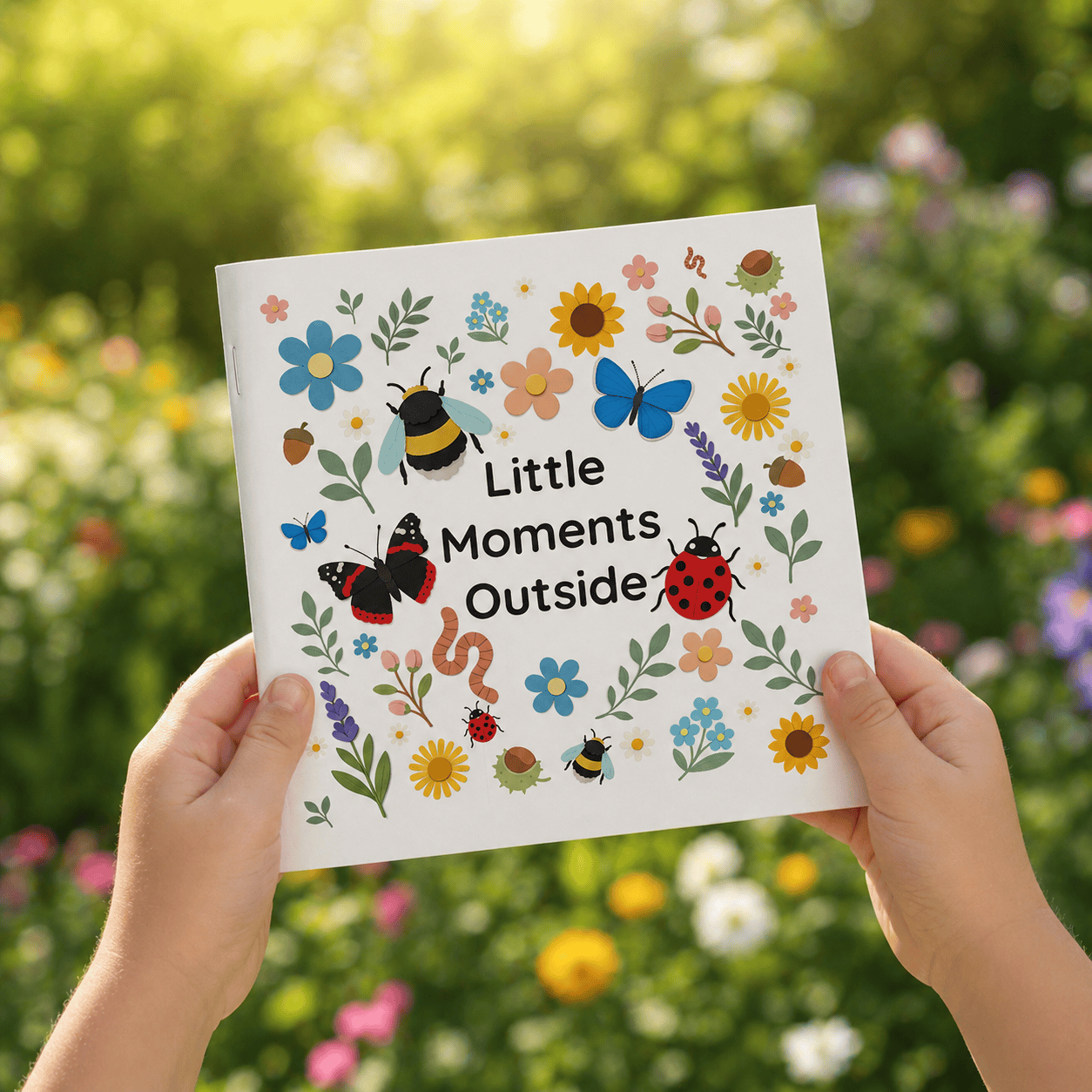 Young child's hands holding Little Moments Outside nature spotting book in a garden with flowers in the background