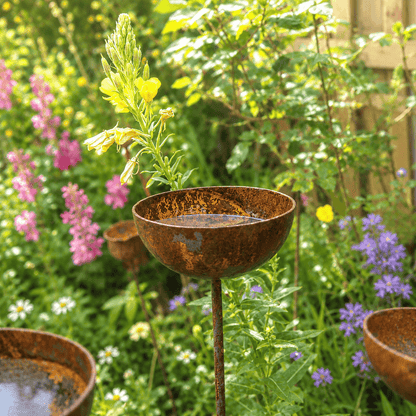 Close up of a single rusted metal rain catcher stake with a cupped head holding water, surrounded by cottage garden flowers including yellow evening primrose and purple salvia