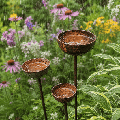 Three rusted metal rain catcher stakes collecting rainwater in a wildflower garden with echinacea