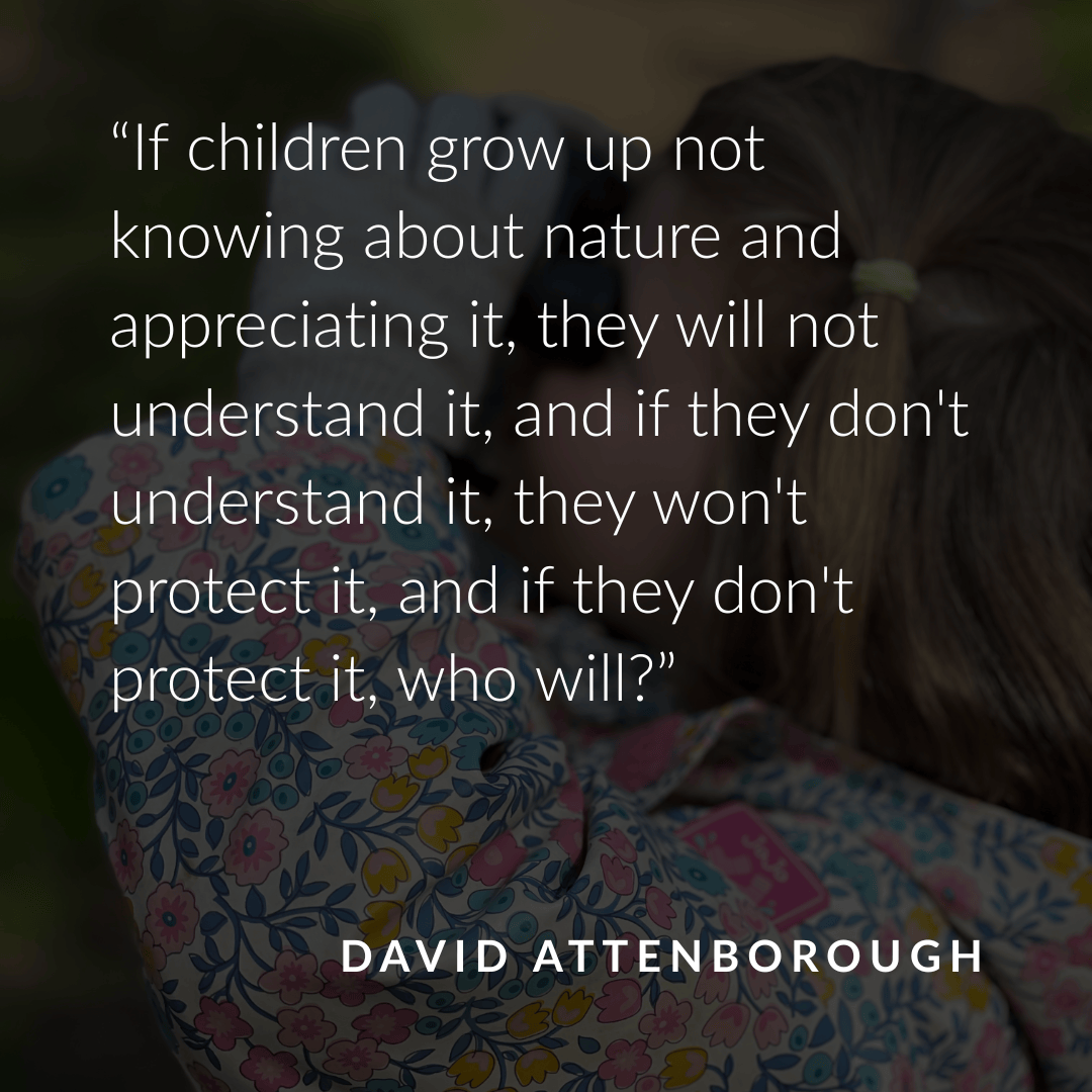 David Attenborough quote: if children grow up not knowing about nature and appreciating it, they will not understand it or protect it — featured in Little Moments Outside nature book for kids