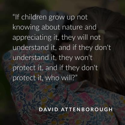 David Attenborough quote: if children grow up not knowing about nature and appreciating it, they will not understand it or protect it — featured in Little Moments Outside nature book for kids