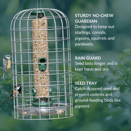 A metal bird feeder guardian cage from A Little Bird Co. with labels to explain the benefits.