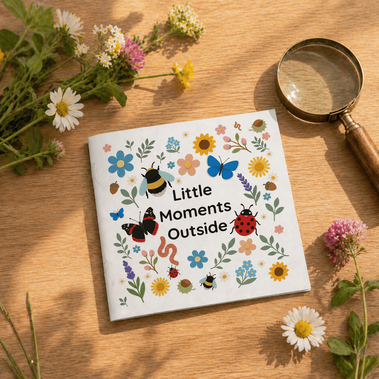 Little Moments Outside nature book for kids styled on a table with a magnifying glass and flowers, making a perfect nature gift for children