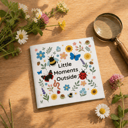Little Moments Outside nature book for kids styled on a table with a magnifying glass and flowers, making a perfect nature gift for children