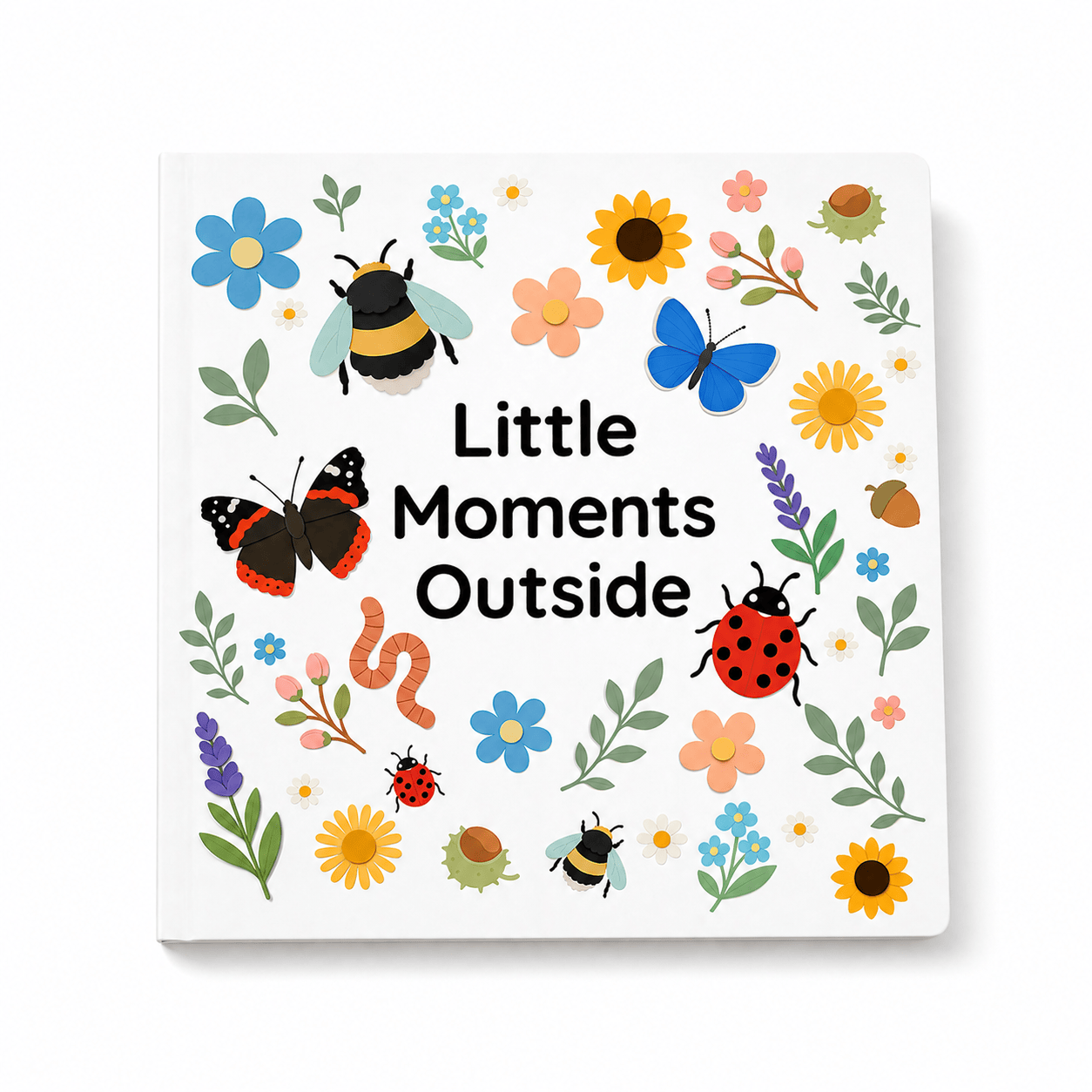 Little Moments Outside nature spotting book for children, featuring illustrated bees, butterflies, ladybirds and wildflowers on a white background, by A Little Bird Co.