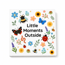 Little Moments Outside nature spotting book for children, featuring illustrated bees, butterflies, ladybirds and wildflowers on a white background, by A Little Bird Co.