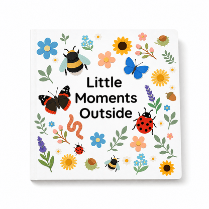 Little Moments Outside nature spotting book for children, featuring illustrated bees, butterflies, ladybirds and wildflowers on a white background, by A Little Bird Co.