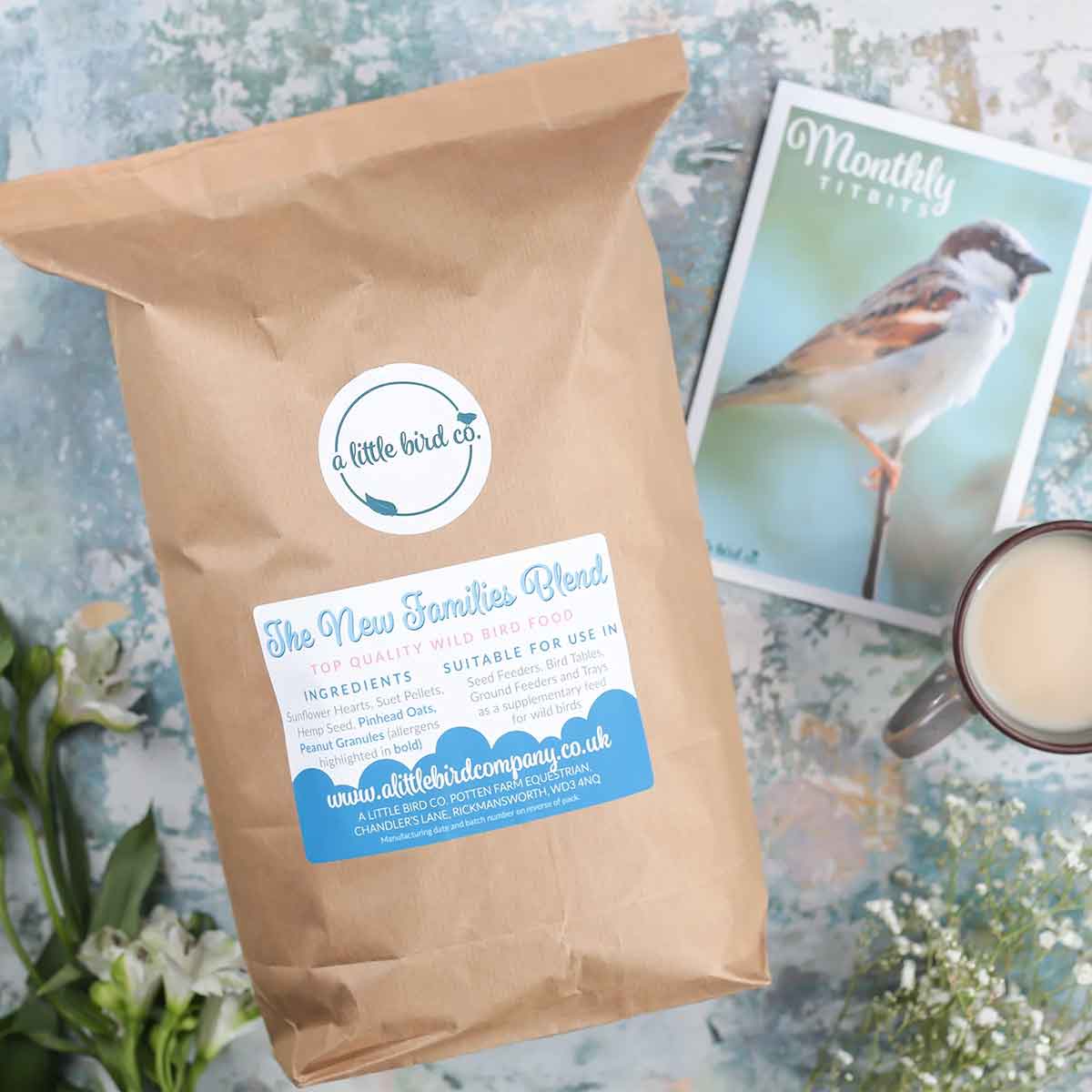 Wild bird food in compostable packaging